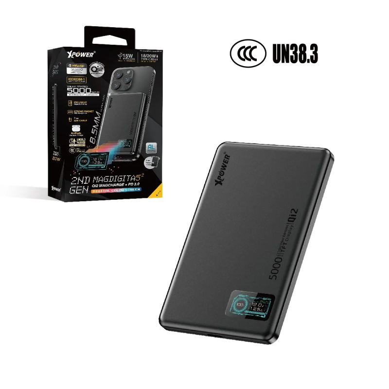 【3C認證版】XPower MagDigita5² 第2代彩屏顯示磨沙玻璃外殼 5000mAh PD3.0+QI2 磁吸移動電源