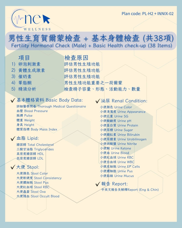 男性生育荷爾蒙檢查 + 基本身體檢查 (共38項) *美邦醫學體檢中心