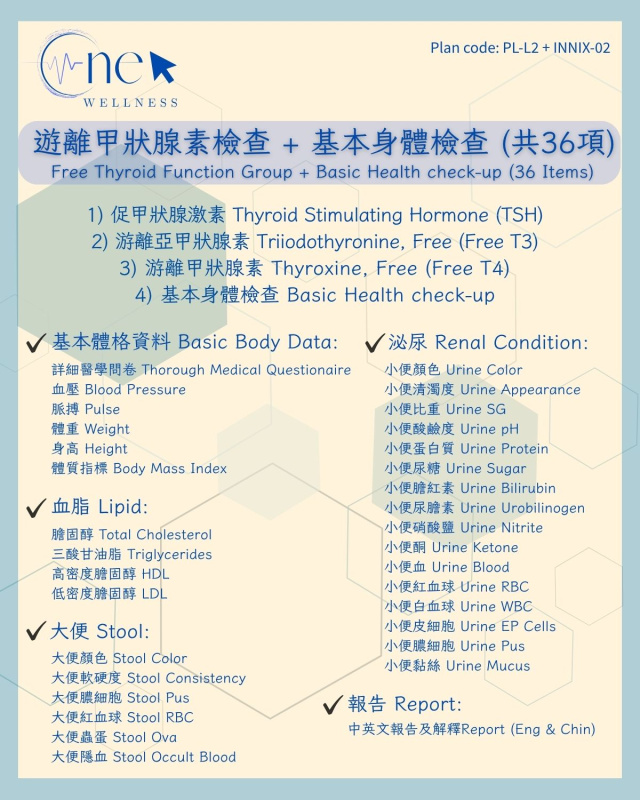 遊離甲狀腺素檢查 + 基本身體檢查 (共36項) *美邦醫學體檢中心