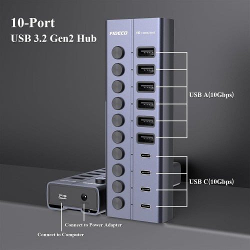 Fideco 10 Ports USB 3.2 10Gbps Type C Type A Hub with Individual On/Off Switches Splitter HCA64