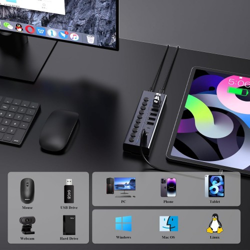 Fideco 10 Ports USB 3.2 10Gbps Type C Type A Hub with Individual On/Off Switches Splitter HCA64