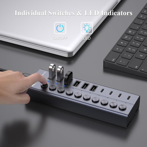 Fideco 10 Ports USB 3.2 10Gbps Type C Type A Hub with Individual On/Off Switches Splitter HCA64