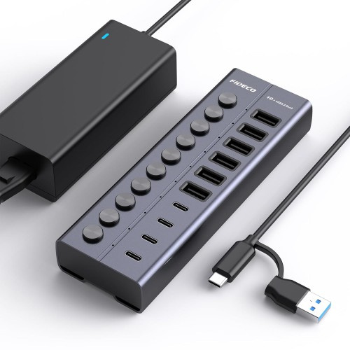 Fideco 10 Ports USB 3.2 10Gbps Type C Type A Hub with Individual On/Off Switches Splitter HCA64