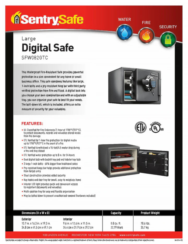 【免運費】SentrySafe SFW082GTC 善衛防火防水電子密碼鎖+鎖匙鎖保險箱【原裝行貨】