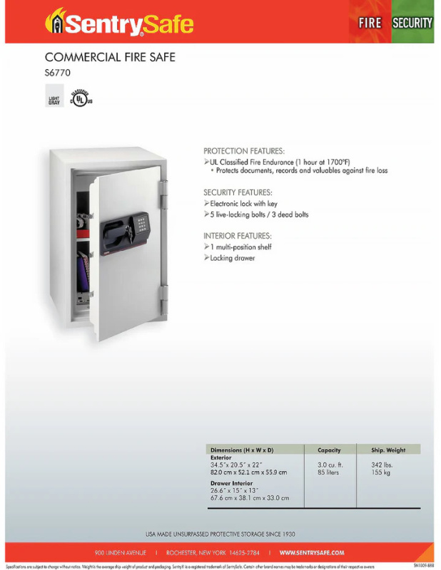 【免運費】SentrySafe S6770 善衛商業防火保險箱【原裝行貨】 【免運費】SentrySafe S6770 善衛商業防火保險箱【原裝行貨】