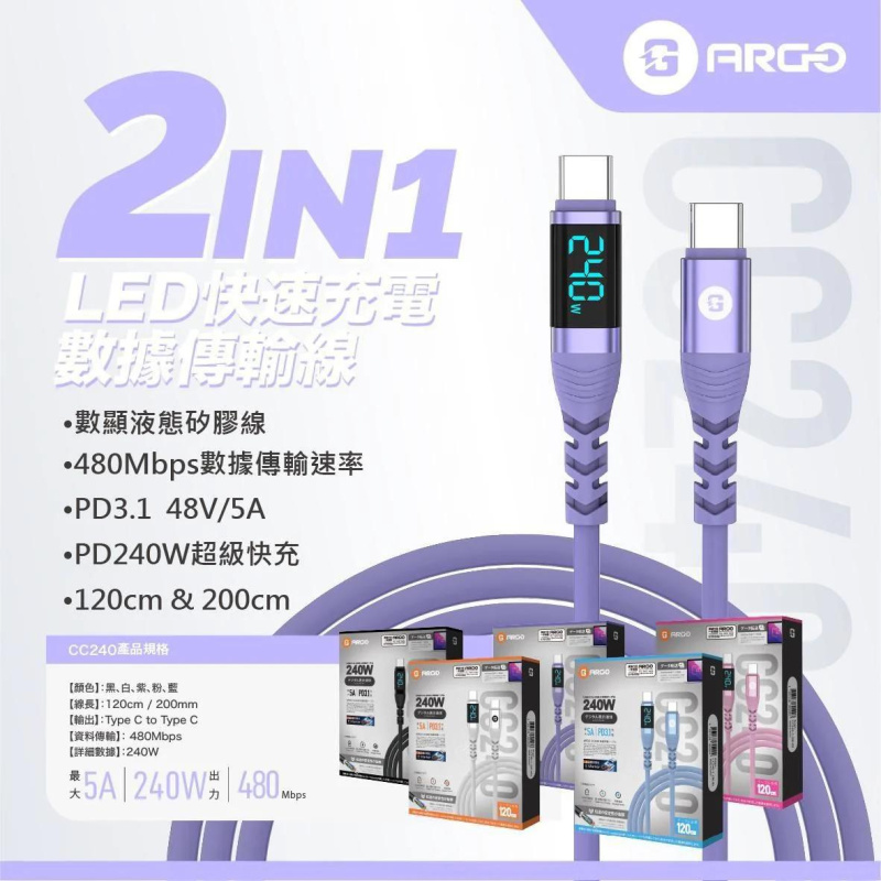 ARGO 240W 數顯純充線 (200cm) CC240 / ARGO 240W 數顯純充線 (120cm) CC240 ARGO 240W 數顯純充線 (200cm) CC240 / ARGO 240W 數顯純充線 (120cm) CC240
