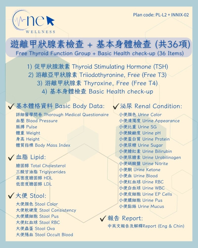 遊離甲狀腺素檢查 + 基本身體檢查 (共36項) *美邦醫學體檢中心