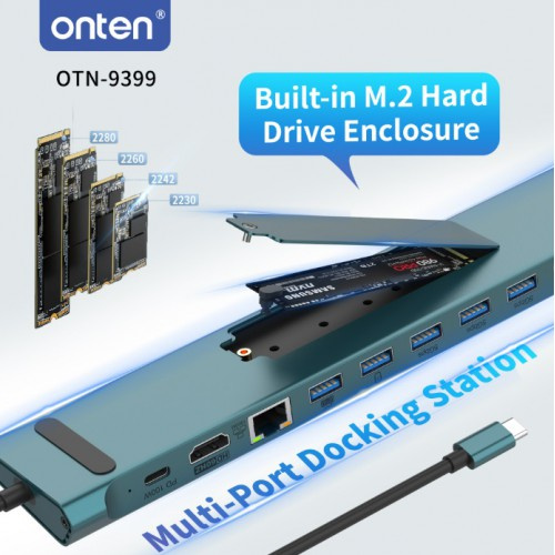 Onten 17 in 1 USB-C Multi-Function Docking Station with Built-in M.2 Hard Drive Enclosure OTN-9399