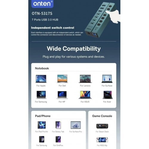 Onten USB 3.0 7-Port Hub (3xUSB-A + 4xUSB-C) with individual buttons OTN-5317S