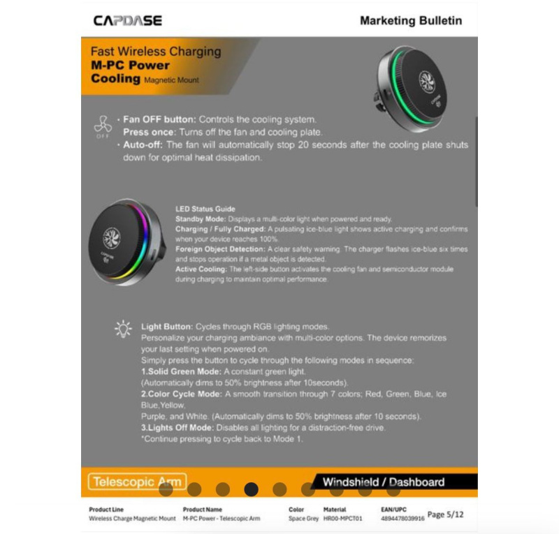 CAPDASE 快速無線充電QI2.2 25W M-PC POWER 冷卻磁性車用支架 HR00-MPCT01