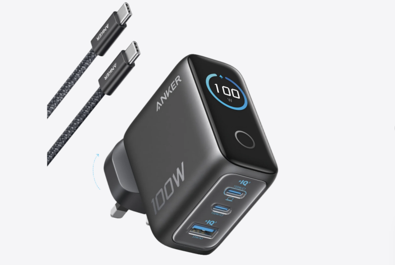 Anker Charger (100W, 3 Ports, Smart Display) 3輸出牆插充電器連 USB-C 充電線 B121