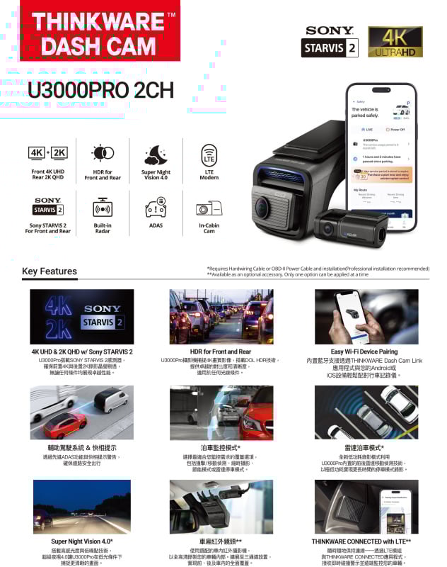 Thinkware 4K+2K 前後鏡超高清行車記錄儀 U3000 Pro