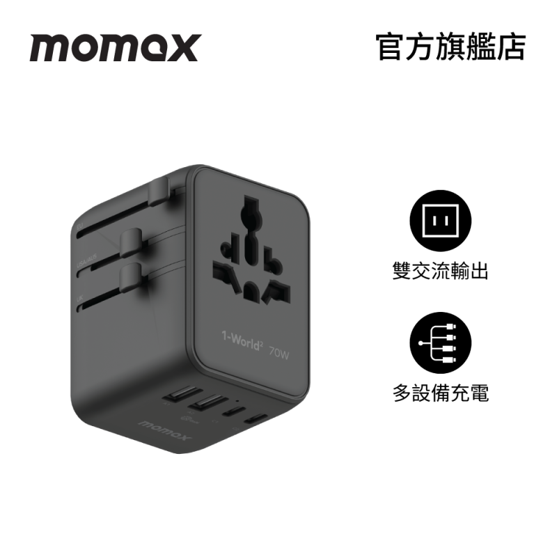MOMAX 1-WORLD² 70W 雙 AC 五 USB GaN 全球轉換插座 UA22