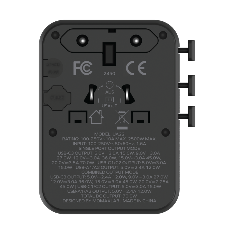 MOMAX 1-WORLD² 70W 雙 AC 五 USB GaN 全球轉換插座 UA22