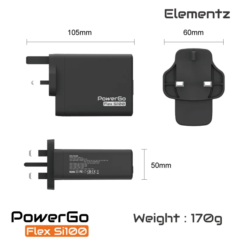 Elementz PowerGo Flex Si100 2C + 1A 氮化鎵 帶線迷你充電器 PD-FS100 Elementz PowerGo Flex Si100 2C + 1A 氮化鎵 帶線迷你充電器 PD-FS100