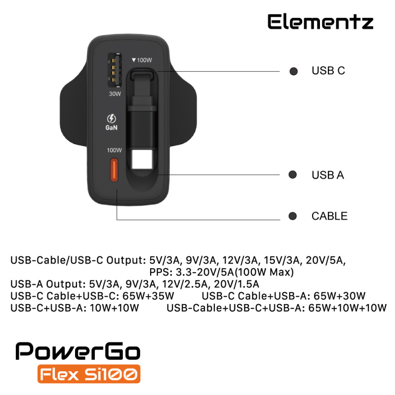 Elementz PowerGo Flex Si100 2C + 1A 氮化鎵 帶線迷你充電器 PD-FS100 Elementz PowerGo Flex Si100 2C + 1A 氮化鎵 帶線迷你充電器 PD-FS100