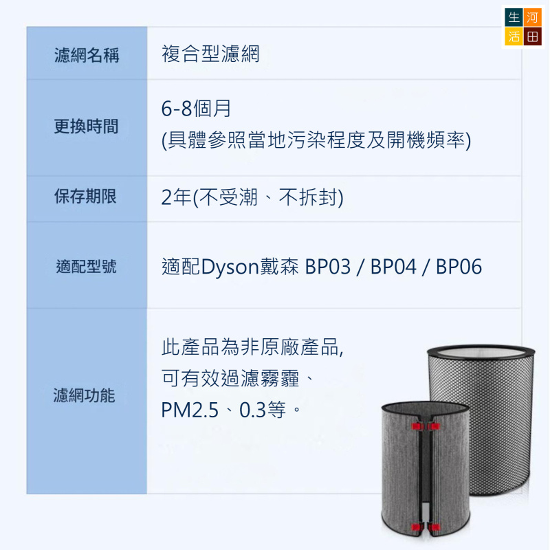 適配Dyson BP03 BP04 BP06 副廠代用HEPA及活性碳濾網套裝 (1套2件)