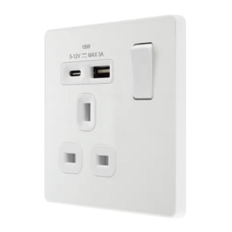 BRITISH GENERAL - 英國品牌 18W 超快 50%約充30分鐘 &nbsp;PCDCL21UAC18W USB C+A 帶開關 13A 插座 一位 1G 雙向 2Way 無螺絲面板 Evolve 珠光白