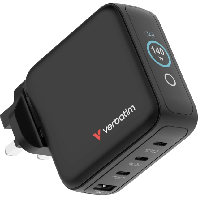 Verbatim 威寶140W迷你GaN牆式充電器 (帶顯示屏，英規插頭) 黑色 30248