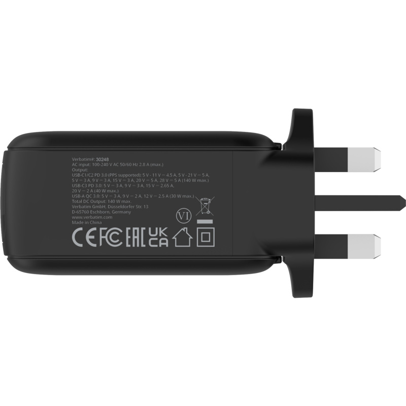 Verbatim 威寶140W迷你GaN牆式充電器 (帶顯示屏，英規插頭) 黑色 30248