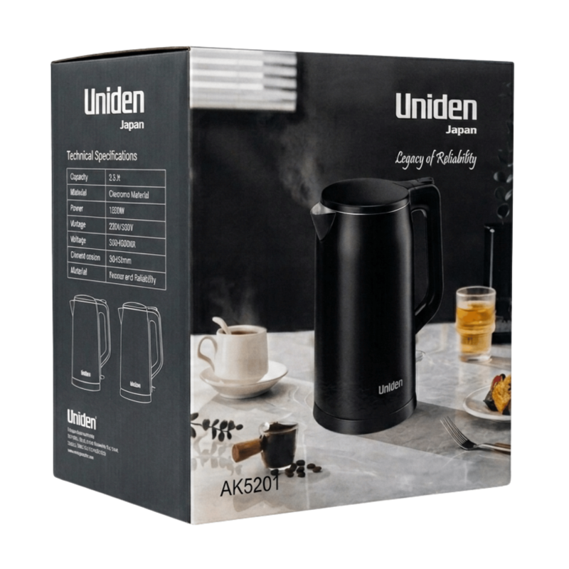 【UNIDEN 日本品牌】1.7L 雙層不銹鋼-隔熱塑膠外殼-無線-電熱水煲 AK5201 電熱水壺 Black 黑【香港總代理】