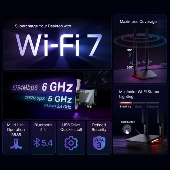 TP-Link Archer TBE550E BE9300 Wi-Fi 7 藍牙 5.4 PCIe 網絡卡 TP-Link Archer TBE550E BE9300 Wi-Fi 7 藍牙 5.4 PCIe 網絡卡