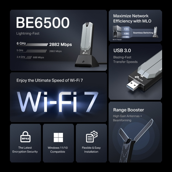 TP-Link Archer TBE400UH BE6500 Wi-Fi 7 高增益無線 USB 接收器 TP-Link Archer TBE400UH BE6500 Wi-Fi 7 高增益無線 USB 接收器