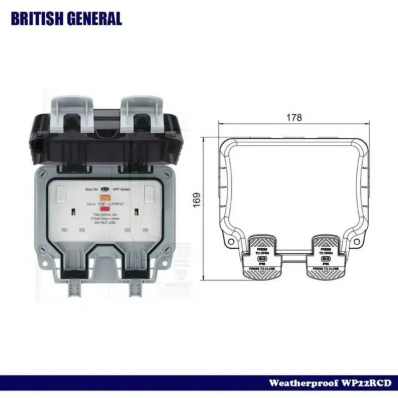 英國 BG British General 13A 防水 IP66/ 不易變形/ 防漏電ARCD插座/ 獨立開關掣/ 指示燈/ 雙位 WP22ARCD Storm Weatherproof