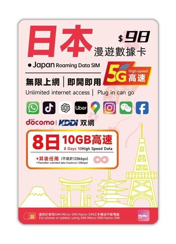 【低至 $48】Hello SIM 日本 5G 漫遊卡 (Docomo/KDDI雙網) - Gadget Hero | 5日/8日選擇 【低至 $48】Hello SIM 日本 5G 漫遊卡 (Docomo/KDDI雙網) - Gadget Hero | 5日/8日選擇