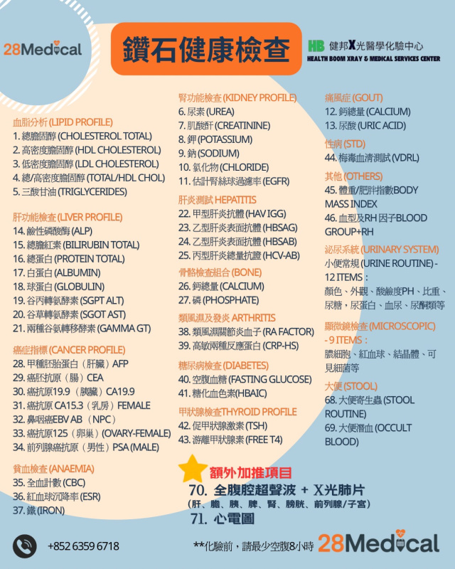 $5000鑽石健康體檢 71項體檢 全腹腔超聲波+心電圖+X光肺片 (健邦X光醫學化驗中心) (送1500禮券) $5000鑽石健康體檢 71項體檢 全腹腔超聲波+心電圖+X光肺片 (健邦X光醫學化驗中心) (送1500禮券)