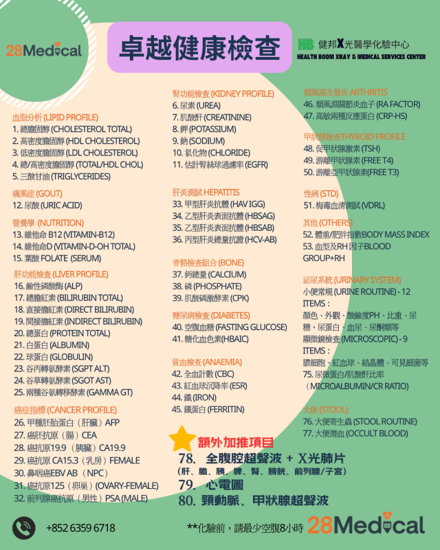 $6000卓越健康體檢 80項體檢 頸動脈+甲狀腺+全腹腔超聲波+心電圖+X光肺片 (健邦X光醫學化驗中心) (送1500禮券) $6000卓越健康體檢 80項體檢 頸動脈+甲狀腺+全腹腔超聲波+心電圖+X光肺片 (健邦X光醫學化驗中心) (送1500禮券)