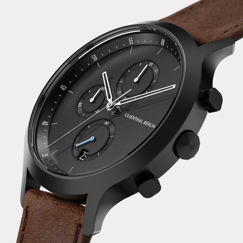 德國Lilienthal Berlin Chronograph All Black 計時碼錶, 啡皮帶