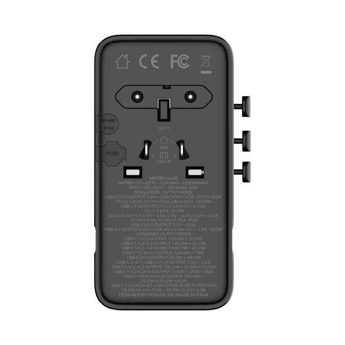 Momax 1-World² 205W 七接口雙 AC GaN 旅行充電器 - 鈦色 (UA28) | 充電插座