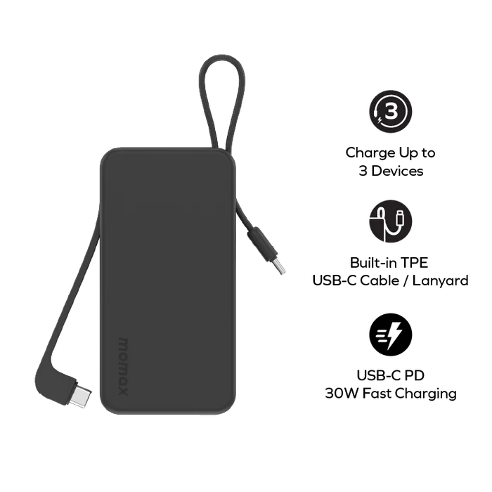 Momax 1-Power Vital+ 10000mAh 內建雙 USB-C 線流動電源 (CCC 認證) IP138 - 黑白兩色