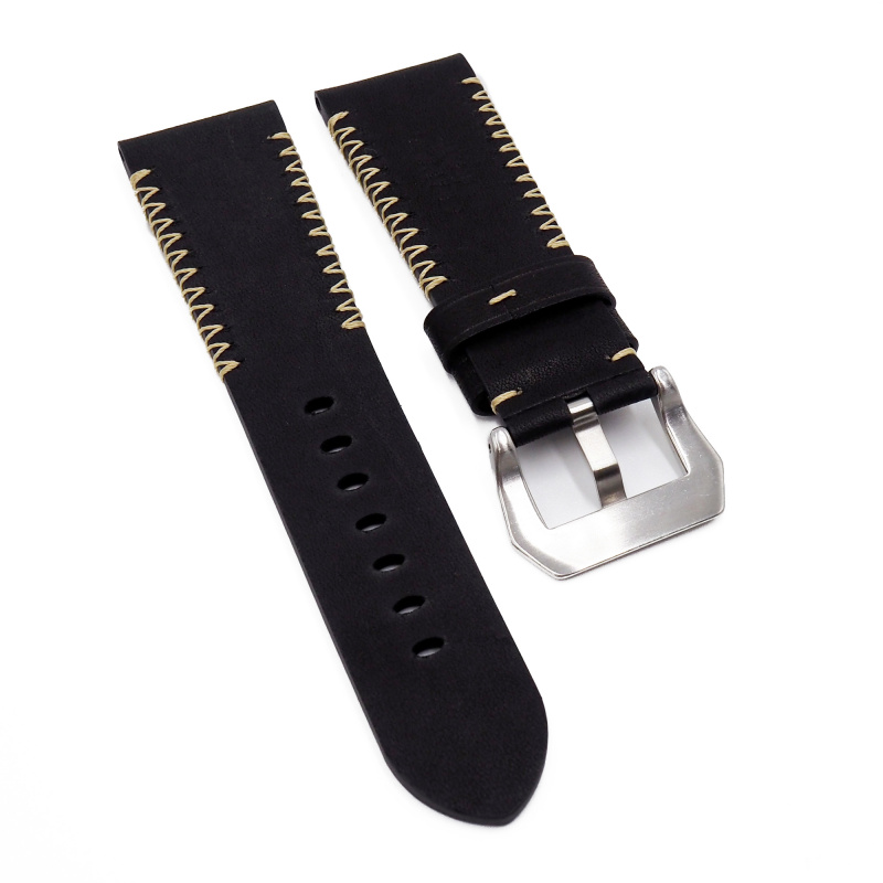 26mm Panerai 黑色磨砂牛皮代用錶帶, W車線裝飾