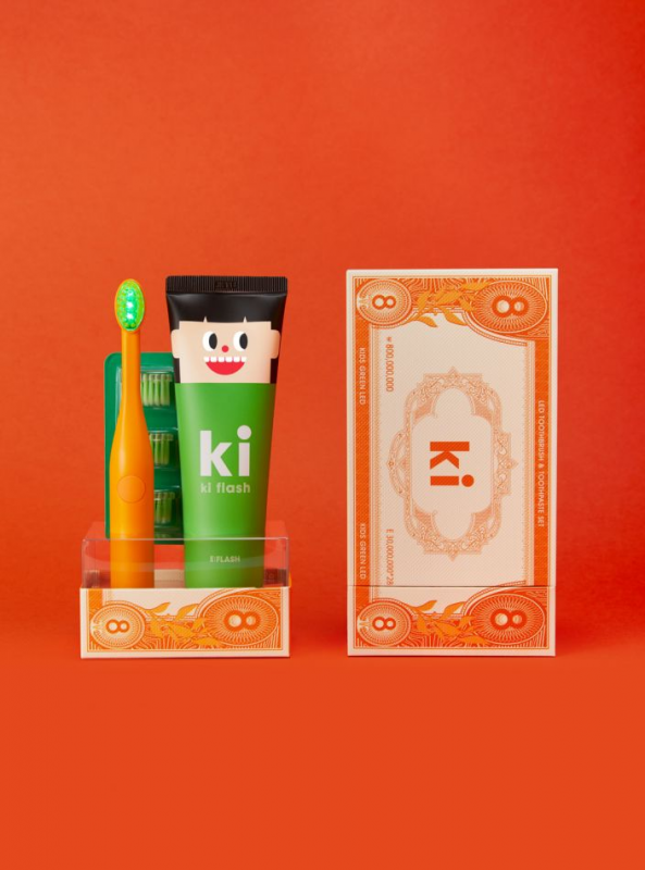 [香港行貨]E:flash - KI FLASH 兒童用加強防蛀套裝(綠光LED牙刷 + 防蛀牙膏120G)[橙色]