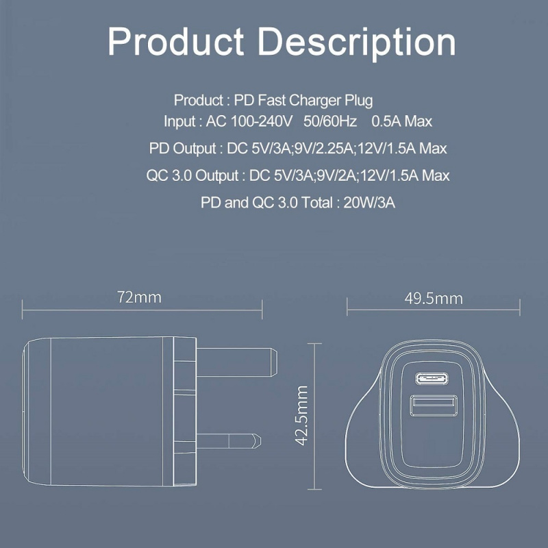ALOK 20W PD3.0 USB Type C PD + QC3.0 USB 快速充電器
