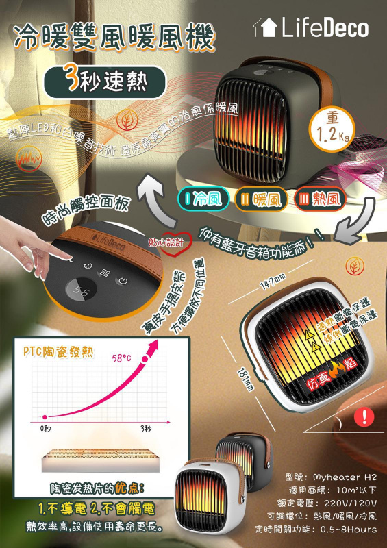 日本LifeDeco MyHeater H2  PTC智能冷暖風機