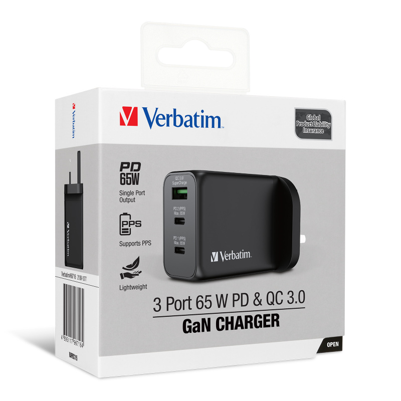 Verbatim 3 Port 65W PD 3.0 & QC 3.0 GaN USB充電器 66520