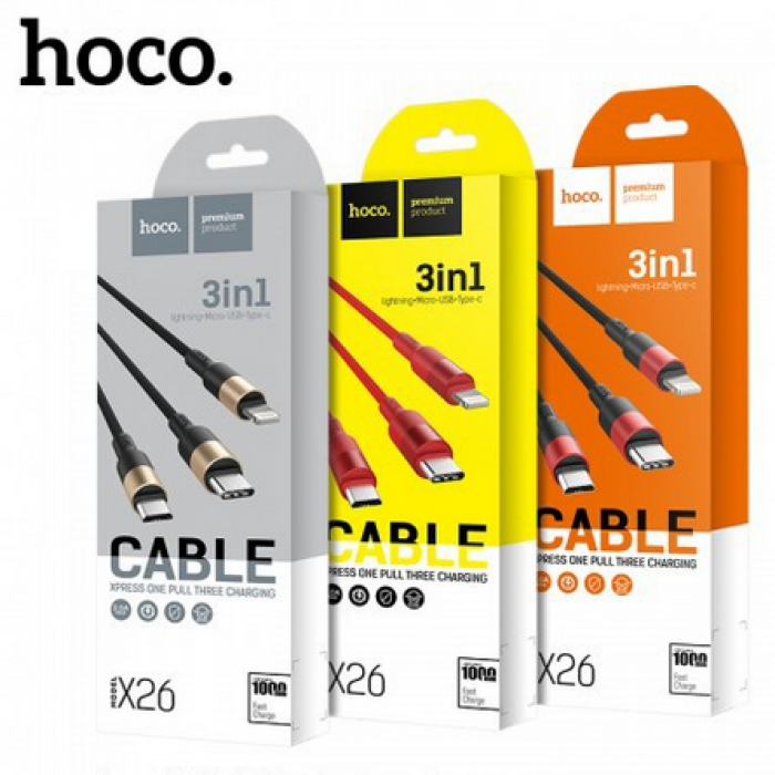 Hoco X26 3in1 Lightning + Micro USB + Type-C Charging Data USB Cable 速派 充電數據線 - BK+GD