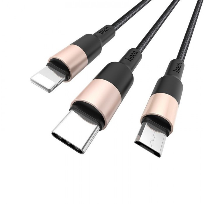 Hoco X26 3in1 Lightning + Micro USB + Type-C Charging Data USB Cable 速派 充電數據線 - BK+GD