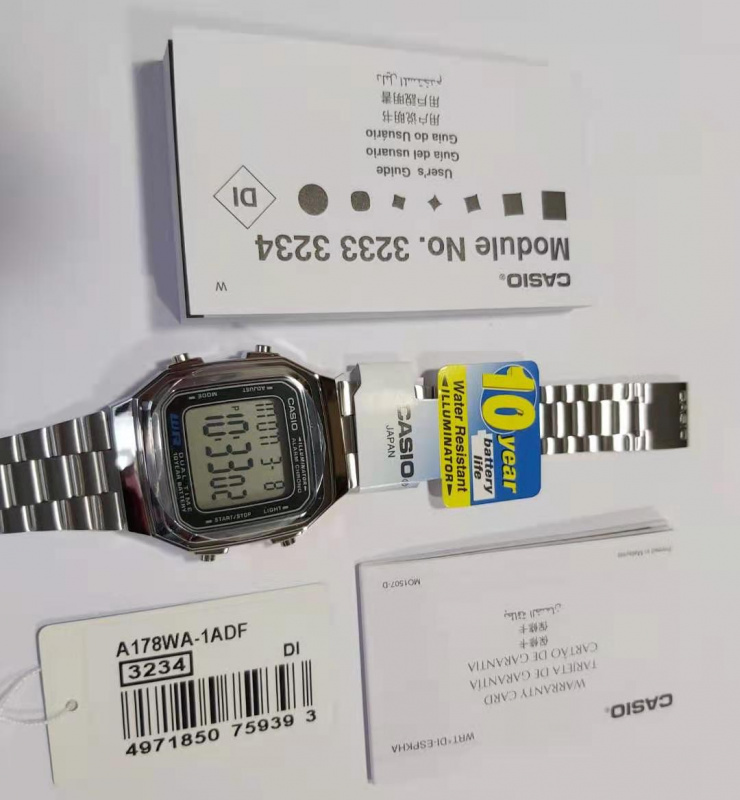 Casio A178WA-1A 方型不鏽鋼錶帶LED背光照明WR