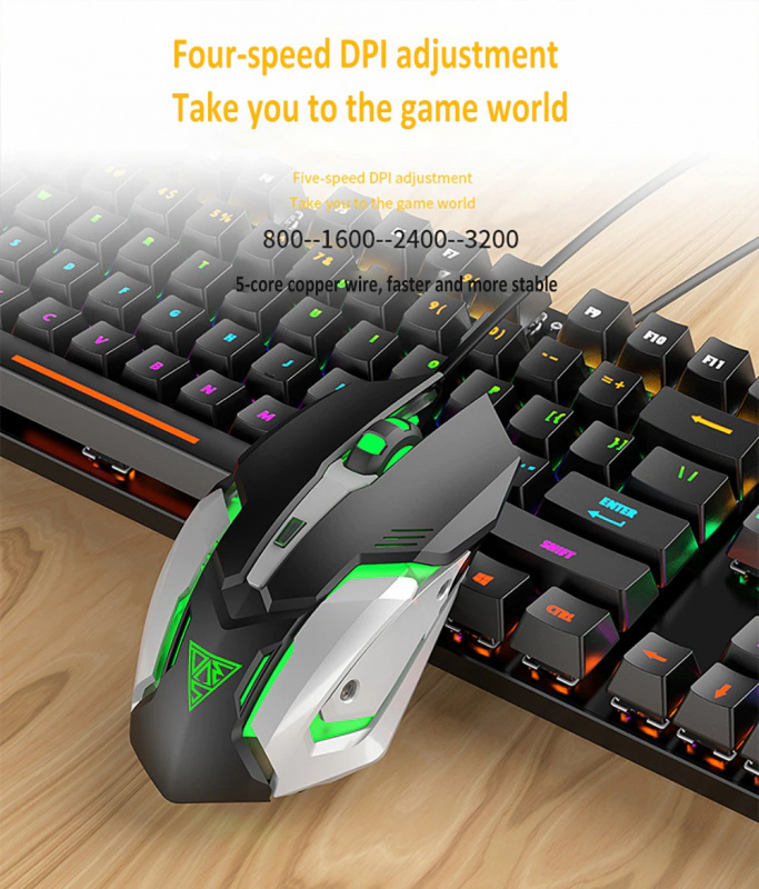 ALOK V6 RGB有線機械式電競鍵盤滑鼠組合套裝青轴電競鍵盤機械鍵盤鍵盤連滑鼠套裝