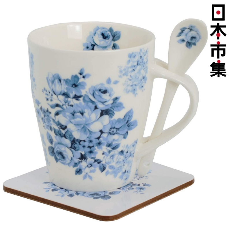 日本 ロイヤ 骨瓷杯連杯墊及匙羹 藍玫瑰 套裝禮盒【市集世界 - 日本市集】