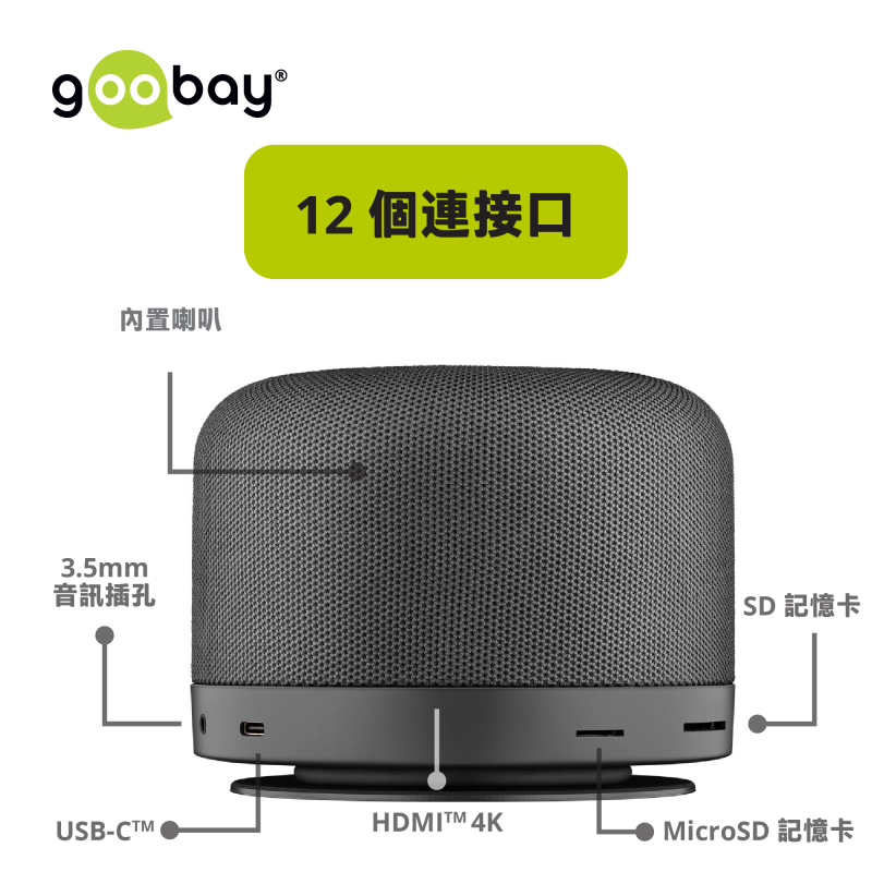 Goobay USB-C™ 12 合 1 充電擴充座 (100W PD, 4K HDMI, 1000Mpbs, 無線快充及喇叭) (灰色)