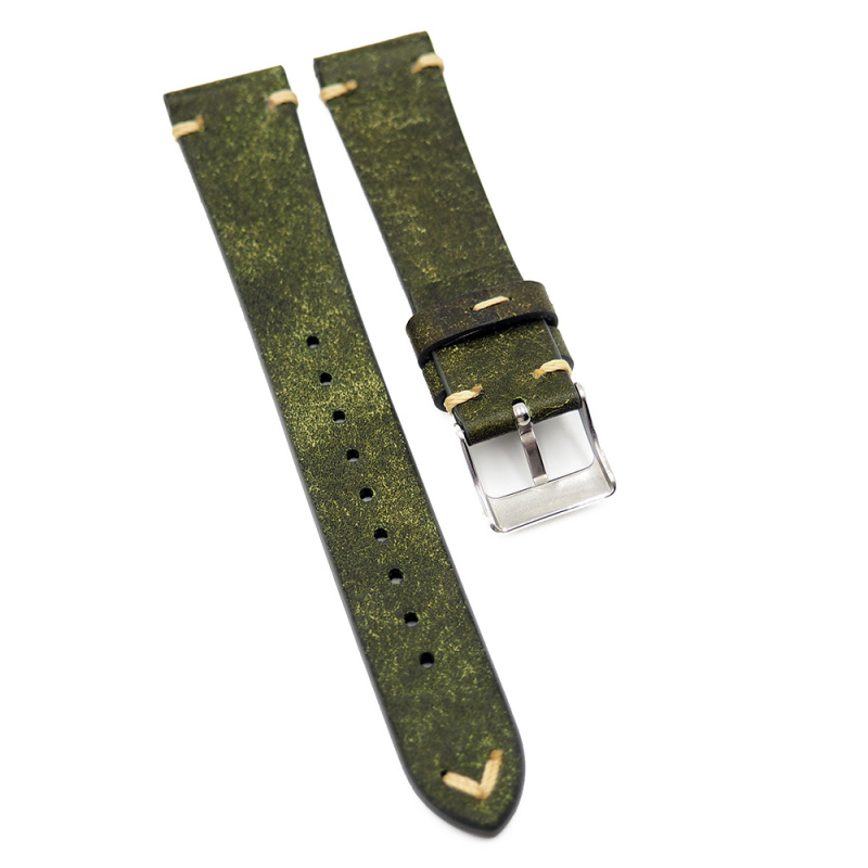 19mm, 20mm 橄欖綠色高級 Pueblo 牛皮復古錶帶