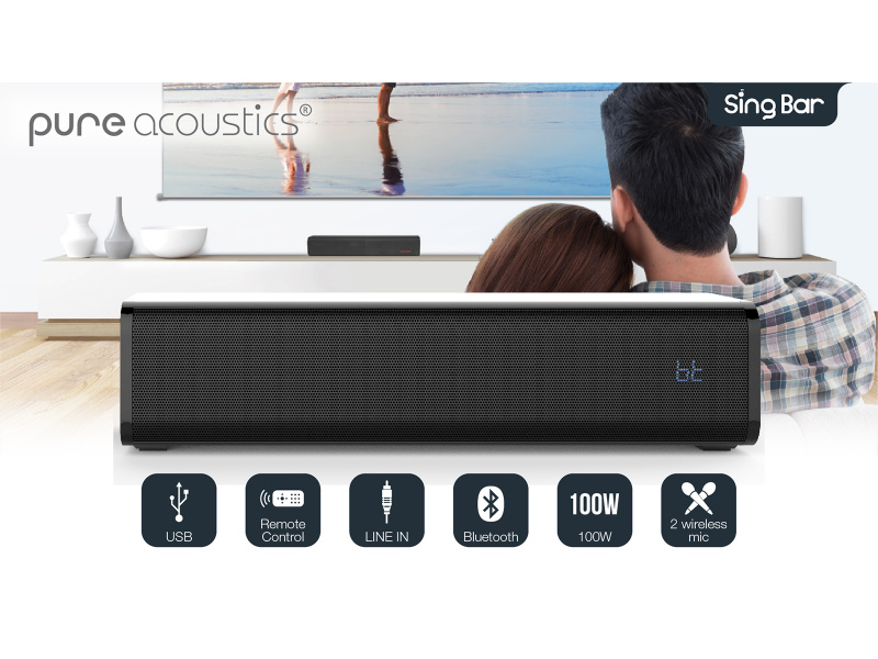 Pure Acoustics 便攜式 Sing Bar 超強多功能長條型 卡啦 OK 藍牙喇叭 (配備遙控器及雙卡拉OK麥克風)