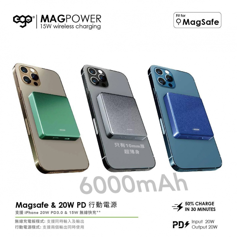 【免運】Ego - MAGPOWER 15W magsafe 6000mAh 磁石無線充電行動電源