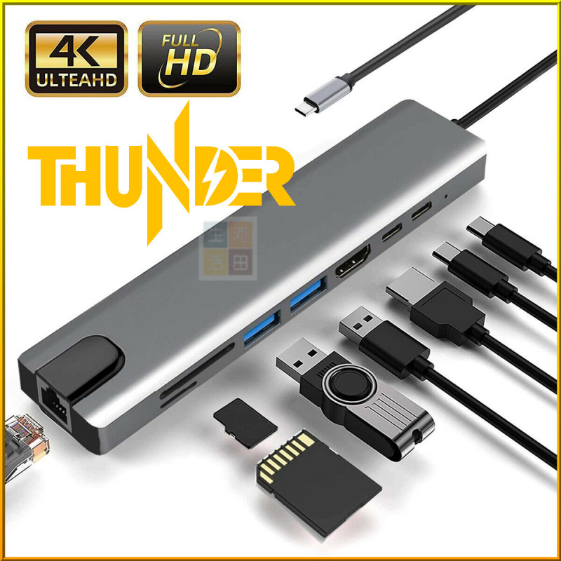 英國Thunder - USB type C 8 in 1 4K RJ45 HDMI USB 3.0 擴展器 讀卡器 Hub (香港行貨)