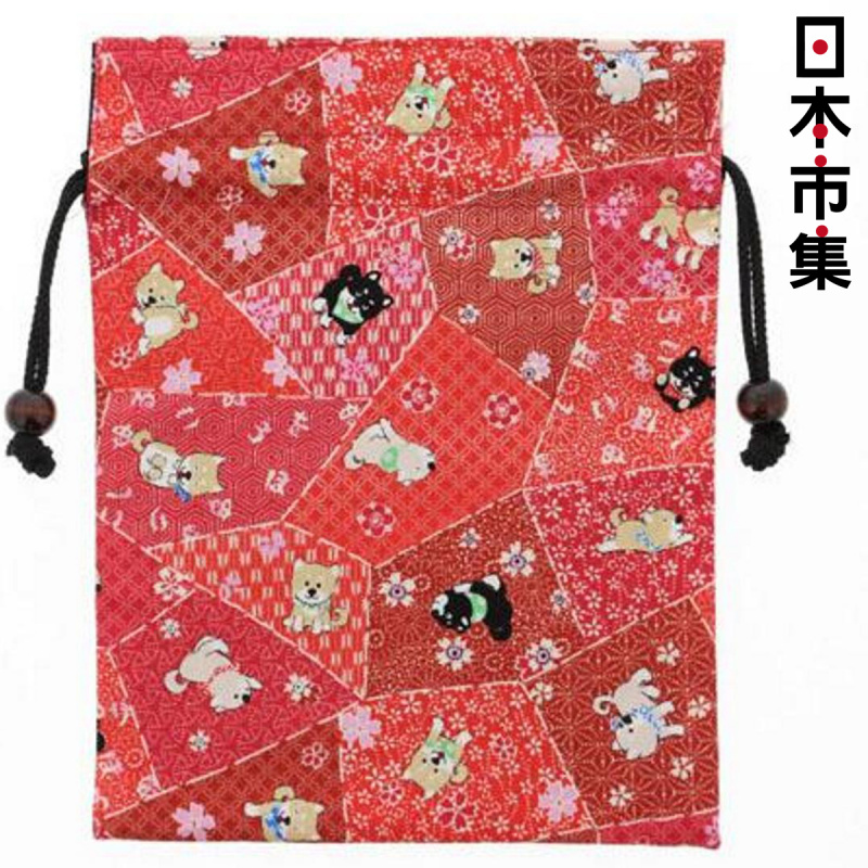 日本 匠佑 日本製 可愛柴犬櫻花拼貼 紅色 便攜索繩袋【市集世界 - 日本市集】